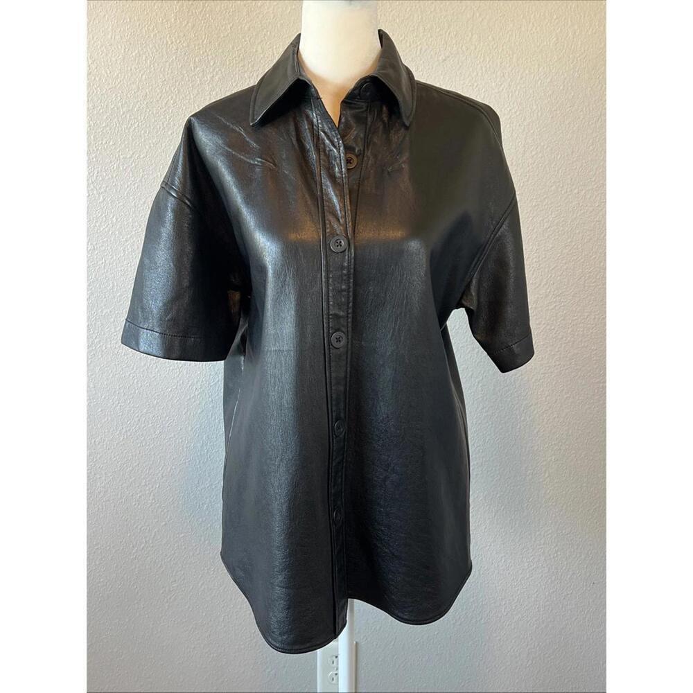 Aritzia Babaton Faux Leather Short Sleeve Button Down Shirt Black Size 2XS *Flaw